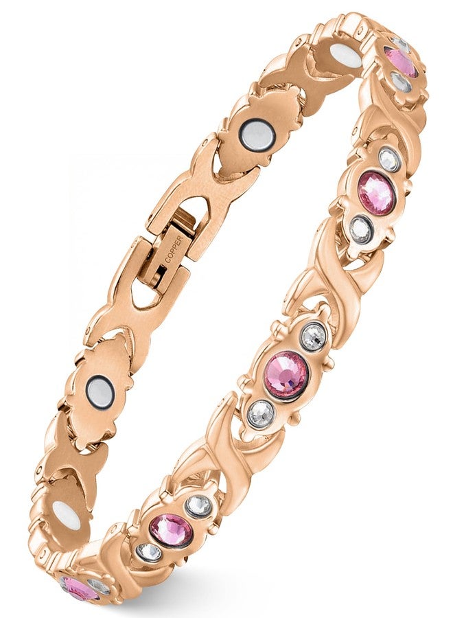 Feraco Pure Copper Bracelets for Women, 4 Elements Magnetic Bracelet with 3800 Gauss Neodymium Magnets & Dazzling Crystals, Adjustable Jewelry Gift (Rose Gold) - Image 1